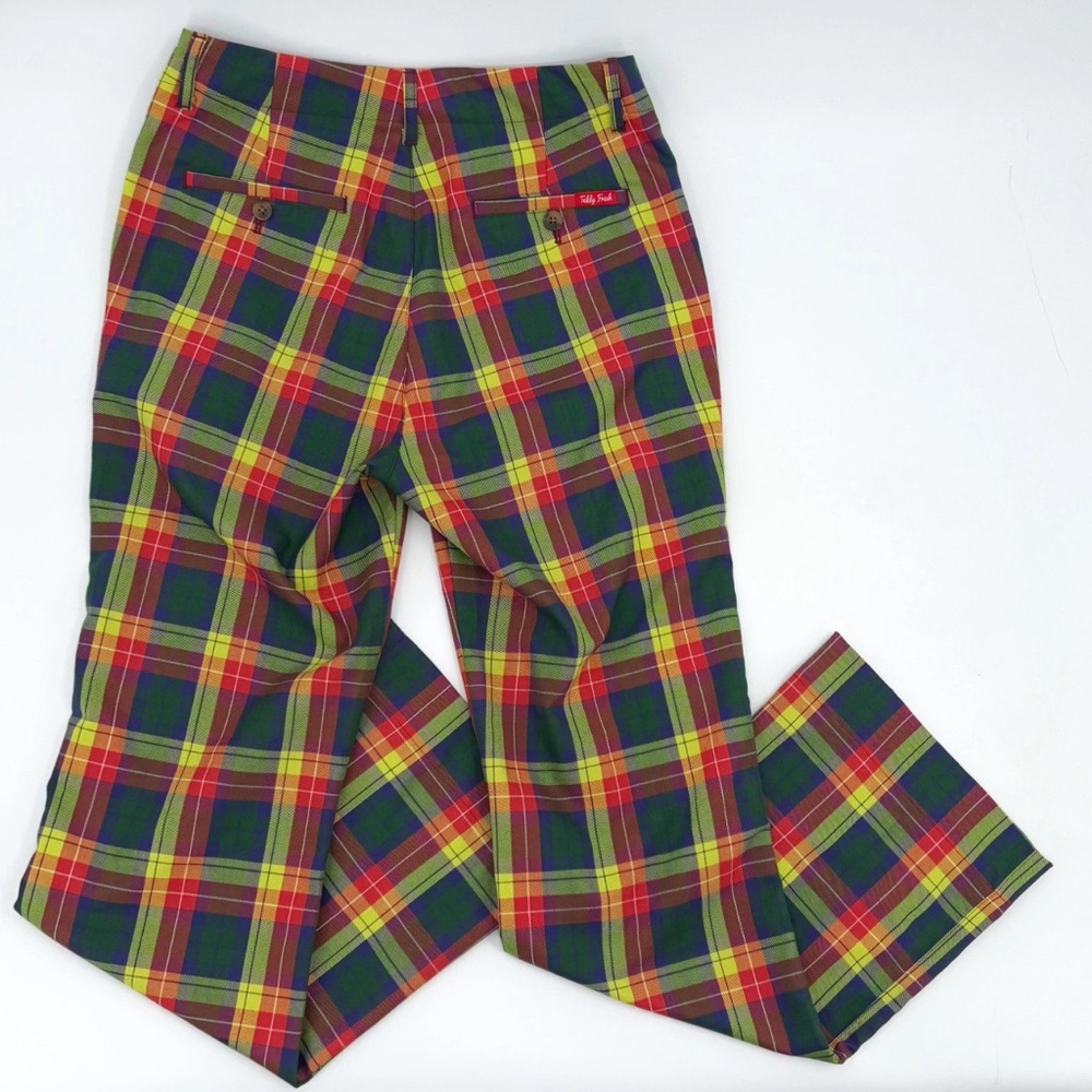 Teddy Fresh Multicolor Plaid Straight Leg Pants Rainbow Tartan Bear Charm Sz 26 - Picture 3 of 12